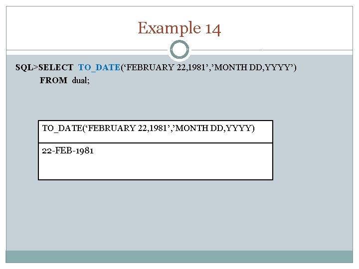 Example 14 SQL>SELECT TO_DATE(‘FEBRUARY 22, 1981’, ’MONTH DD, YYYY’) FROM dual; TO_DATE(‘FEBRUARY 22, 1981’,