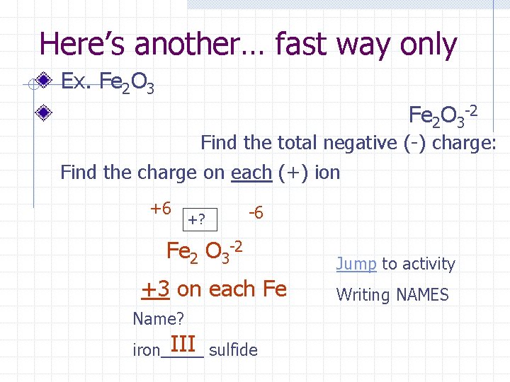 Here’s another… fast way only Ex. Fe 2 O 3 -2 Find the total