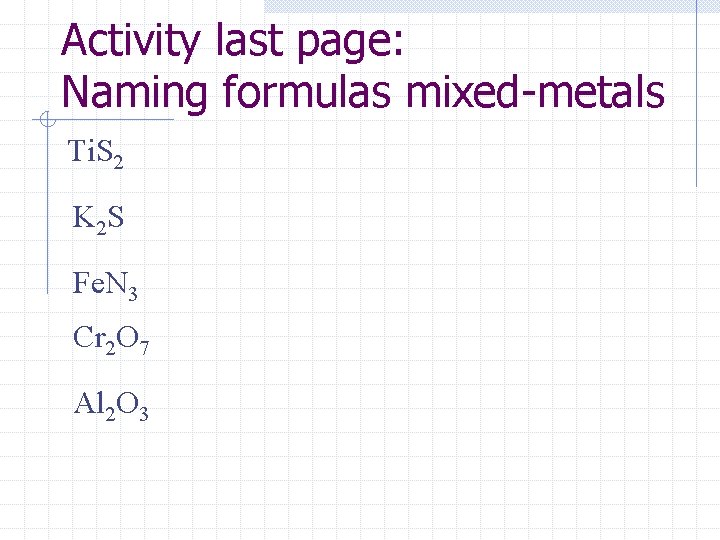 Activity last page: Naming formulas mixed-metals Ti. S 2 K 2 S Fe. N