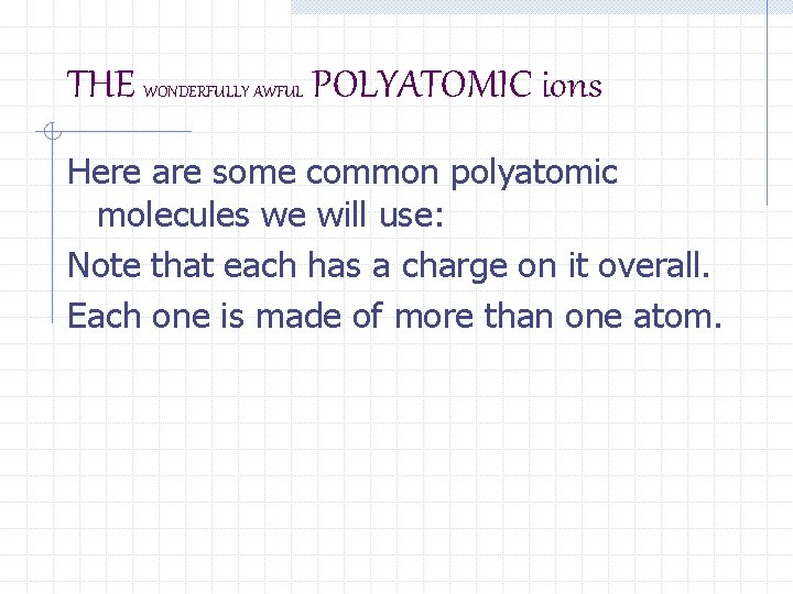 THE WONDERFULLY AWFUL POLYATOMIC ions Here are some common polyatomic molecules we will use: