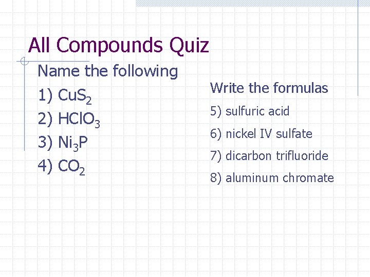 All Compounds Quiz Name the following 1) Cu. S 2 2) HCl. O 3