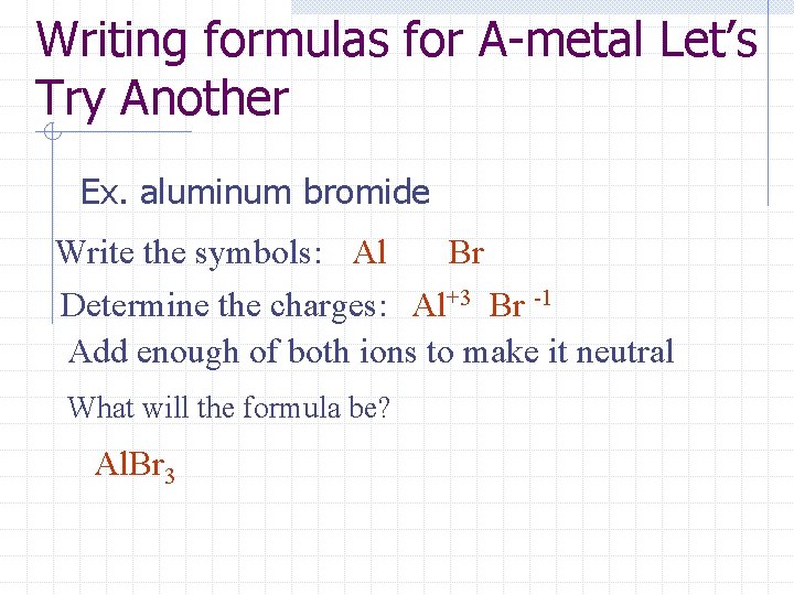 Writing formulas for A-metal Let’s Try Another Ex. aluminum bromide Write the symbols: Al