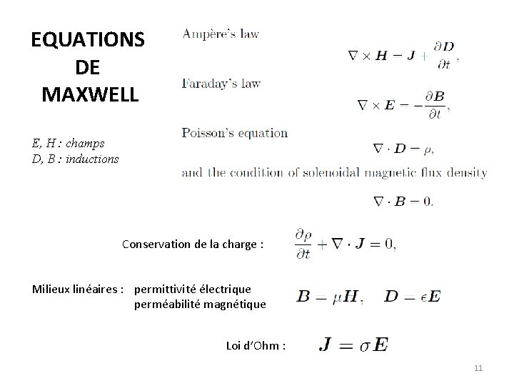 EQUATIONS DE MAXWELL E, H : champs D, B : inductions Conservation de la