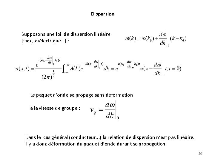 Dispersion Supposons une loi de dispersion linéaire (vide, diélectrique…) : Le paquet d’onde se