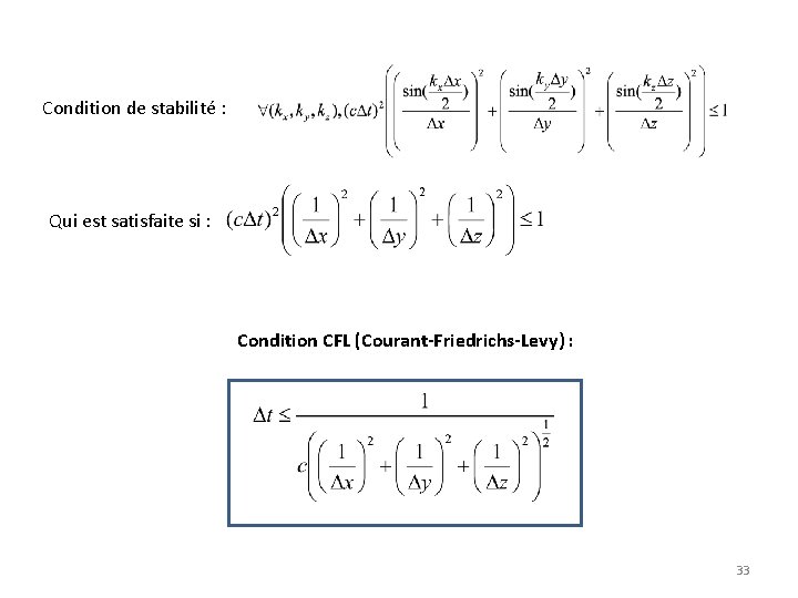 Condition de stabilité : Qui est satisfaite si : Condition CFL (Courant-Friedrichs-Levy) : 33