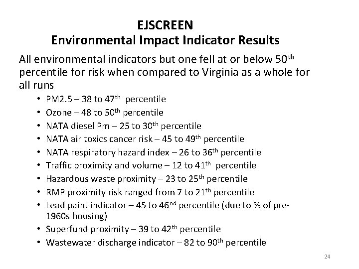 EJSCREEN Environmental Impact Indicator Results All environmental indicators but one fell at or below