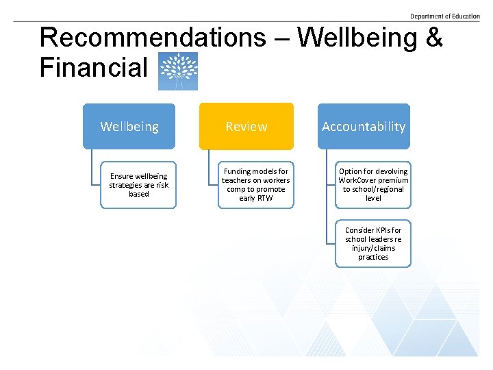 Recommendations – Wellbeing & Financial Wellbeing Ensure wellbeing strategies are risk based Review Funding Recommendations – Wellbeing & Financial Wellbeing Ensure wellbeing strategies are risk based Review Funding