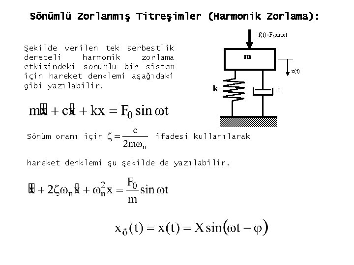 Sönümlü Zorlanmış Titreşimler (Harmonik Zorlama): f(t)=F 0 sinωt Şekilde verilen tek serbestlik dereceli harmonik Sönümlü Zorlanmış Titreşimler (Harmonik Zorlama): f(t)=F 0 sinωt Şekilde verilen tek serbestlik dereceli harmonik