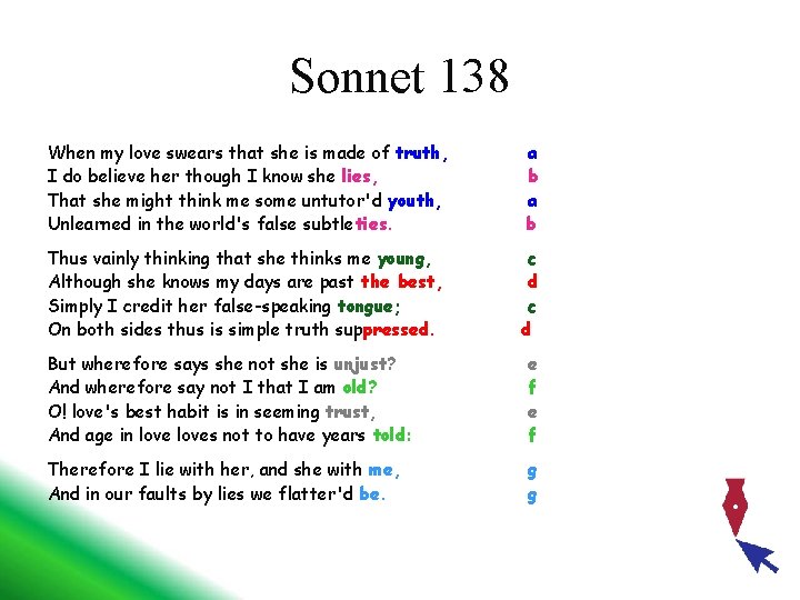 Sonnet 138 When my love swears that she is made of truth, I do Sonnet 138 When my love swears that she is made of truth, I do