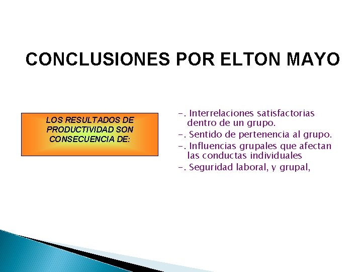 CONCLUSIONES POR ELTON MAYO LOS RESULTADOS DE PRODUCTIVIDAD SON CONSECUENCIA DE: -. Interrelaciones satisfactorias