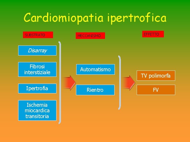 Cardiomiopatia ipertrofica SUBSTRATO MECCANISMO EFFETTO Disarray Fibrosi interstiziale Automatismo Ipertrofia Rientro Ischemia miocardica transitoria Cardiomiopatia ipertrofica SUBSTRATO MECCANISMO EFFETTO Disarray Fibrosi interstiziale Automatismo Ipertrofia Rientro Ischemia miocardica transitoria