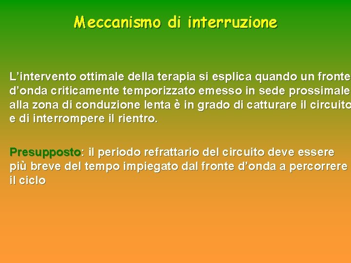 Meccanismo di interruzione L’intervento ottimale della terapia si esplica quando un fronte d’onda criticamente Meccanismo di interruzione L’intervento ottimale della terapia si esplica quando un fronte d’onda criticamente