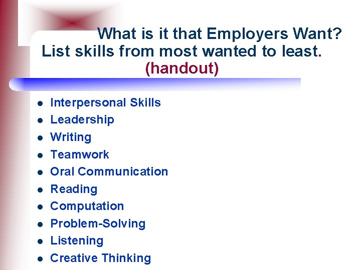  What is it that Employers Want? List skills from most wanted to least.