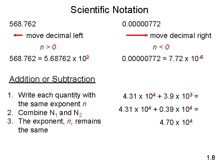 Scientific Notation 568. 762 0. 00000772 move decimal left move decimal right n>0 n<0