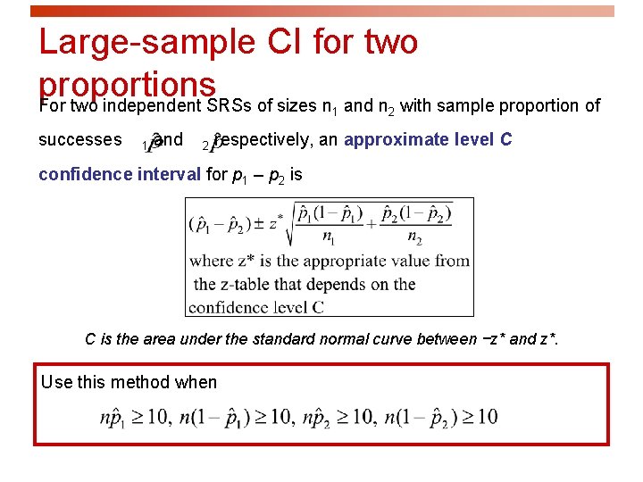 Large-sample CI for two proportions For two independent SRSs of sizes n and n