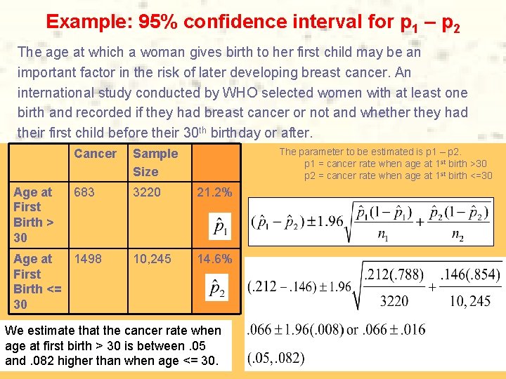 Example: 95% confidence interval for p 1 – p 2 The age at which