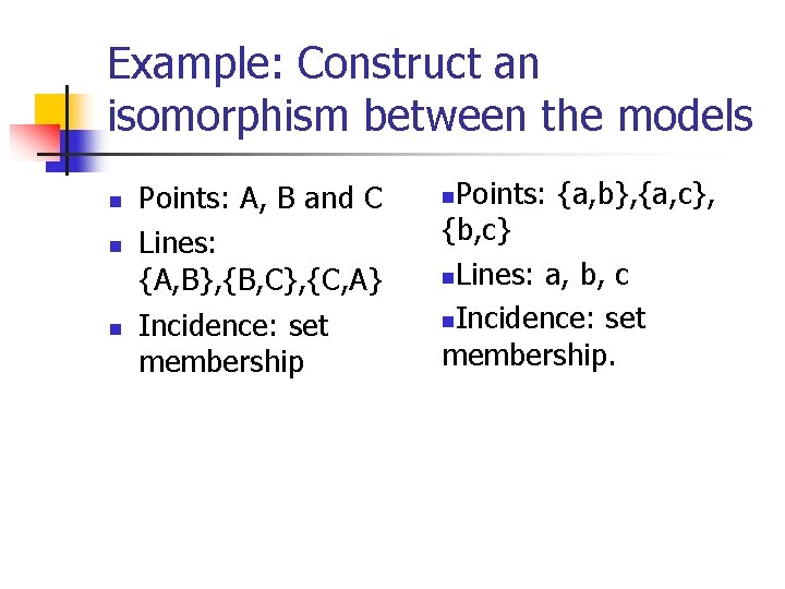 Example: Construct an isomorphism between the models n n n Points: A, B and