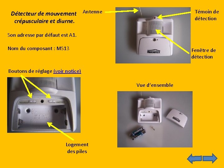 Détecteur de mouvement Antenne crépusculaire et diurne. Témoin de détection Son adresse par défaut