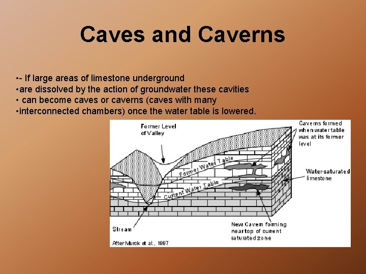 Caves and Caverns • - If large areas of limestone underground • are dissolved