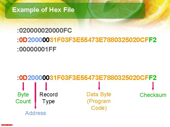 Example of Hex File : 020000 FC : 0 D 20000031 F 03 F