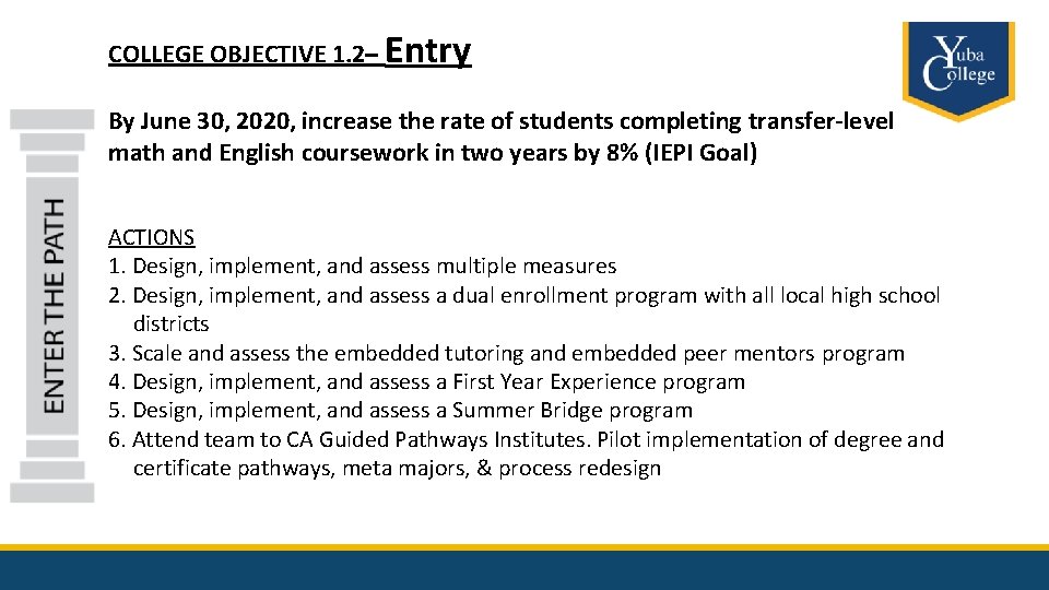 COLLEGE OBJECTIVE 1. 2– Entry By June 30, 2020, increase the rate of students