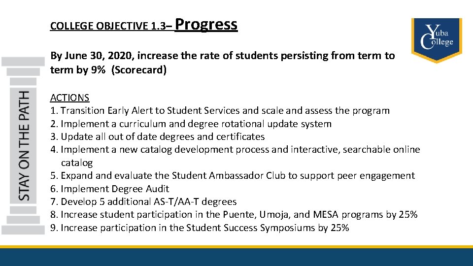 COLLEGE OBJECTIVE 1. 3– Progress By June 30, 2020, increase the rate of students