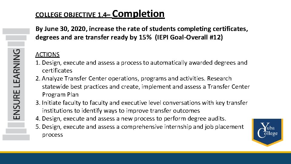 COLLEGE OBJECTIVE 1. 4– Completion By June 30, 2020, increase the rate of students
