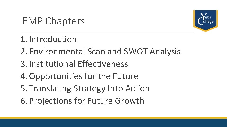 EMP Chapters 1. Introduction 2. Environmental Scan and SWOT Analysis 3. Institutional Effectiveness 4.