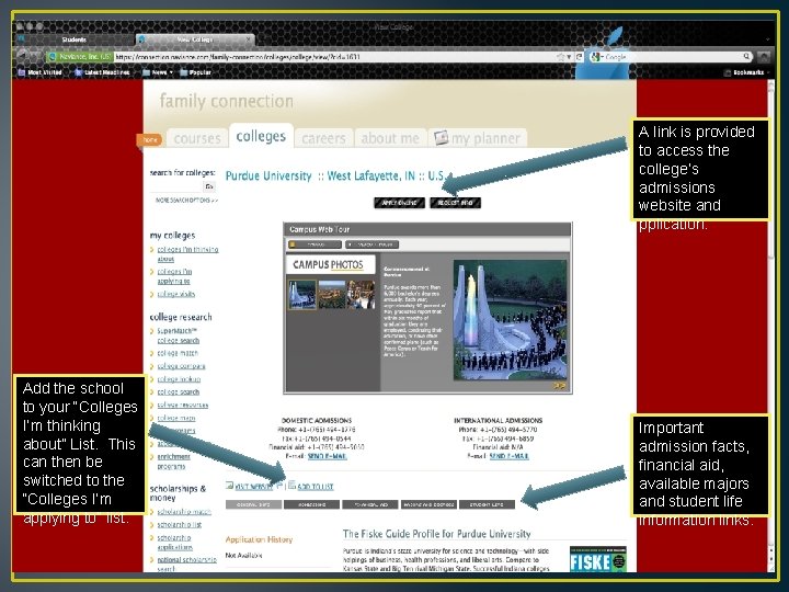 A link is provided to access the college’s admissions website and pplication. Add the