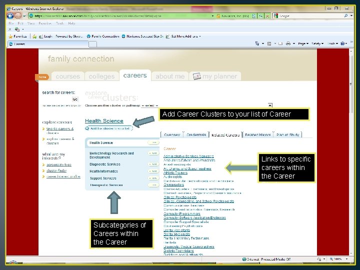 Add Career Clusters to your list of Career Interests Links to specific careers within