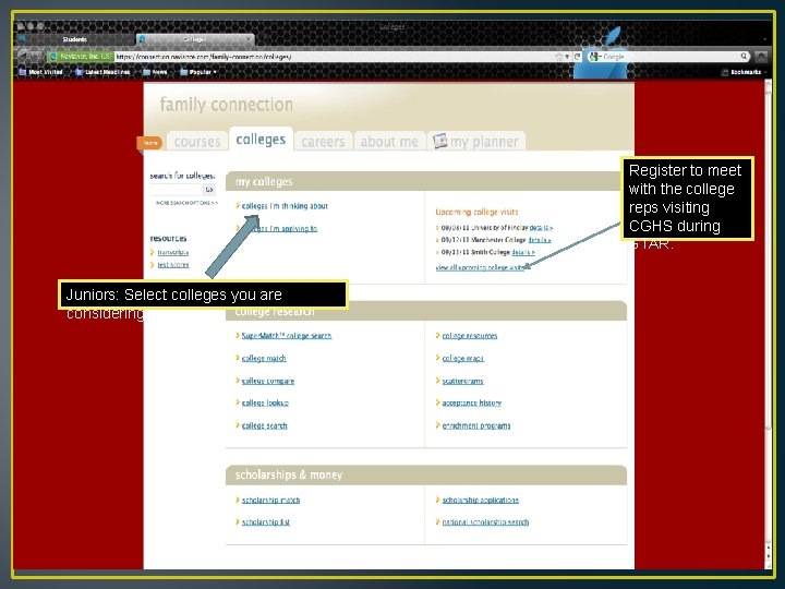 Register to meet with the college reps visiting CGHS during STAR. Juniors: Select colleges