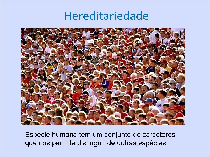 Hereditariedade Espécie humana tem um conjunto de caracteres que nos permite distinguir de outras