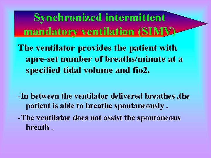 Synchronized intermittent mandatory ventilation (SIMV) The ventilator provides the patient with apre-set number of Synchronized intermittent mandatory ventilation (SIMV) The ventilator provides the patient with apre-set number of