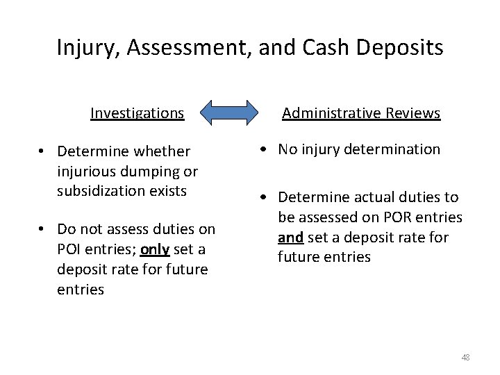 Injury, Assessment, and Cash Deposits Investigations • Determine whether injurious dumping or subsidization exists