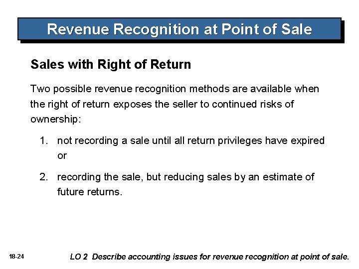 Revenue Recognition at Point of Sales with Right of Return Two possible revenue recognition Revenue Recognition at Point of Sales with Right of Return Two possible revenue recognition