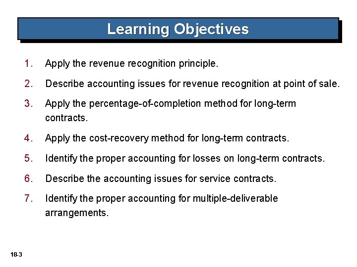Learning Objectives 18 -3 1. Apply the revenue recognition principle. 2. Describe accounting issues Learning Objectives 18 -3 1. Apply the revenue recognition principle. 2. Describe accounting issues