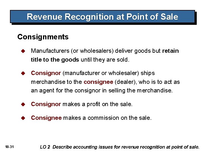 Revenue Recognition at Point of Sale Consignments 18 -31 u Manufacturers (or wholesalers) deliver Revenue Recognition at Point of Sale Consignments 18 -31 u Manufacturers (or wholesalers) deliver