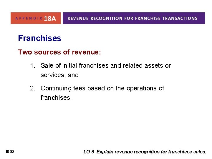 Franchises Two sources of revenue: 1. Sale of initial franchises and related assets or Franchises Two sources of revenue: 1. Sale of initial franchises and related assets or
