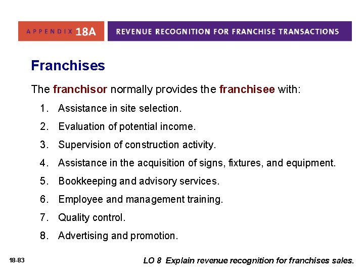 Franchises The franchisor normally provides the franchisee with: 1. Assistance in site selection. 2. Franchises The franchisor normally provides the franchisee with: 1. Assistance in site selection. 2.