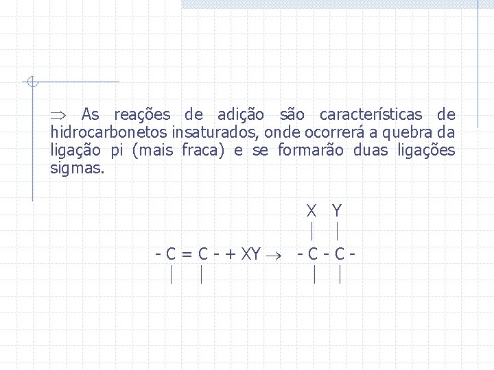  As reações de adição são características de hidrocarbonetos insaturados, onde ocorrerá a quebra