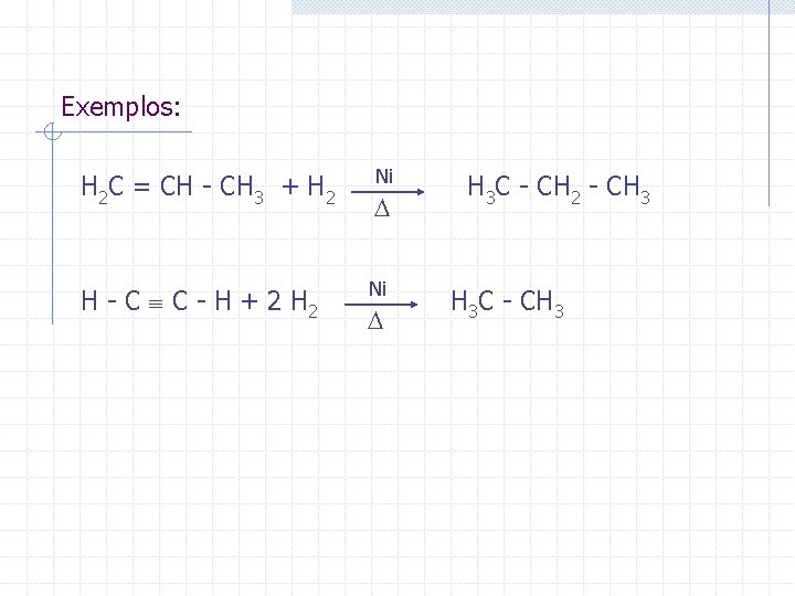 Exemplos: Ni H 2 C = CH - CH 3 + H 2 H