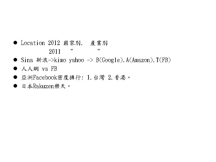 l Location 2012 國家別. 產業別 2011 “ “ l Sina 新浪->kimo yahoo -> B(Google).