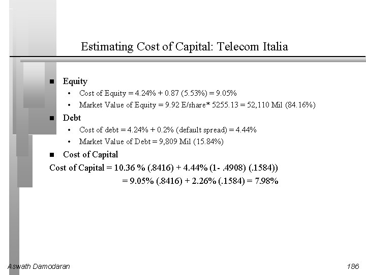Estimating Cost of Capital: Telecom Italia Equity • • Cost of Equity = 4.