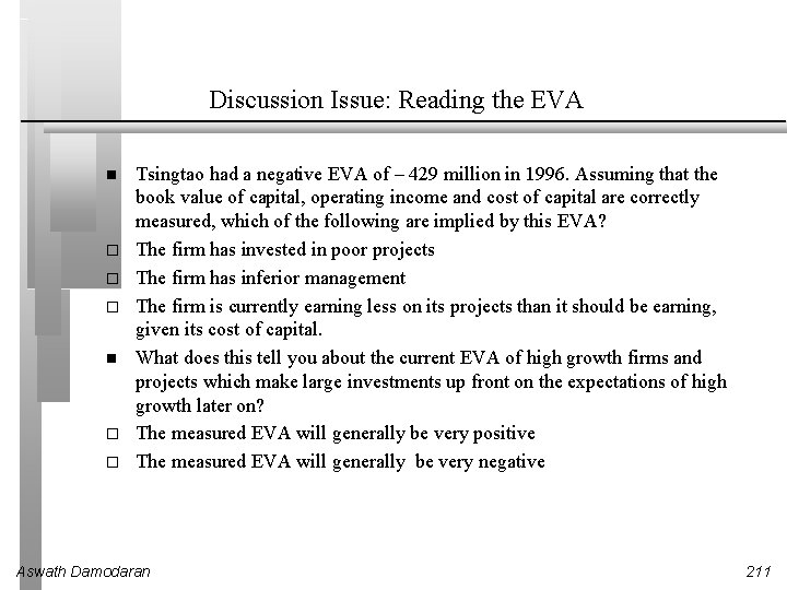 Discussion Issue: Reading the EVA Tsingtao had a negative EVA of – 429 million