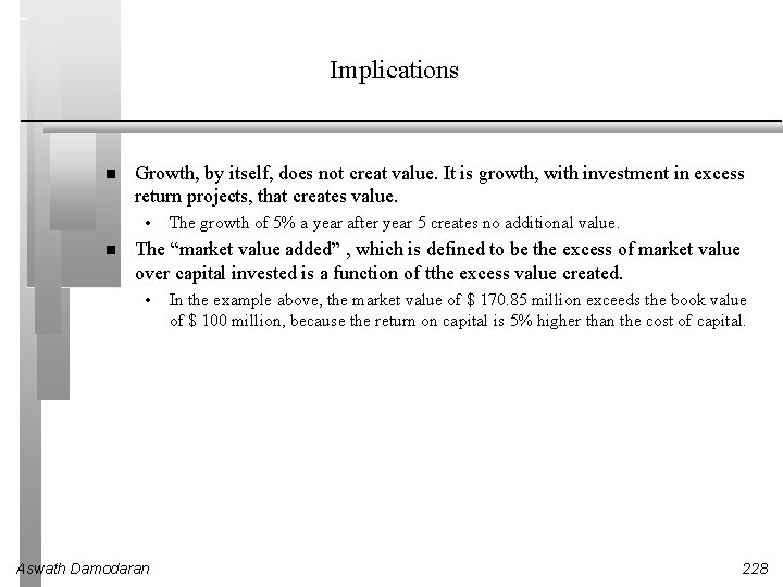 Implications Growth, by itself, does not creat value. It is growth, with investment in
