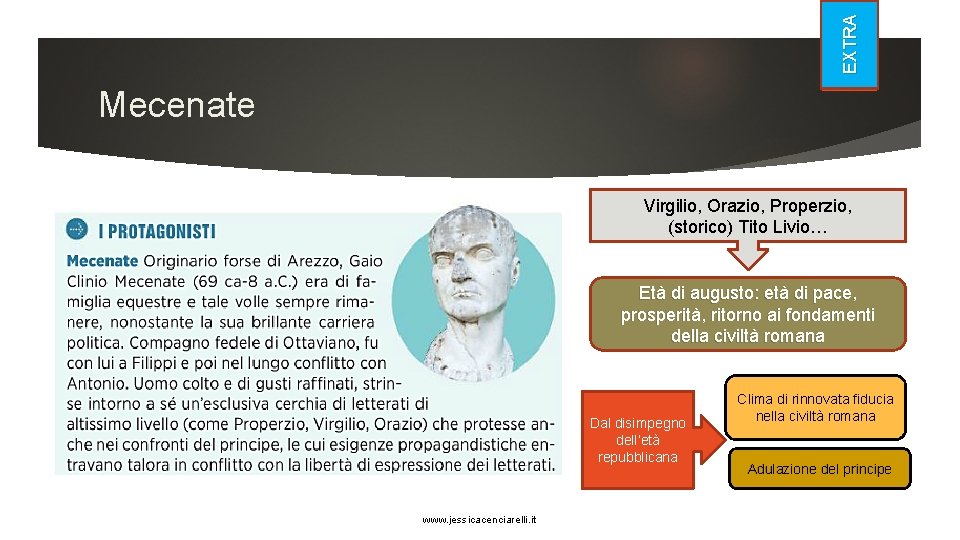 EXTRA Mecenate Virgilio, Orazio, Properzio, (storico) Tito Livio… Età di augusto: età di pace,
