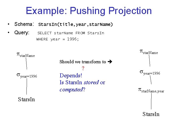 Example: Pushing Projection • Schema: Stars. In(title, year, star. Name) • Query: SELECT star.