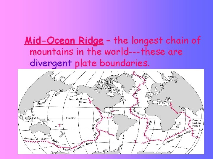 Mid-Ocean Ridge – the longest chain of mountains in the world---these are divergent plate