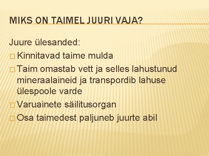 MIKS ON TAIMEL JUURI VAJA? Juure ülesanded: � Kinnitavad taime mulda � Taim omastab