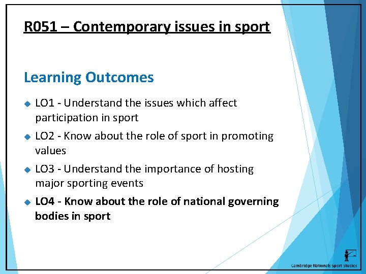 R 051 – Contemporary issues in sport Learning Outcomes LO 1 - Understand the
